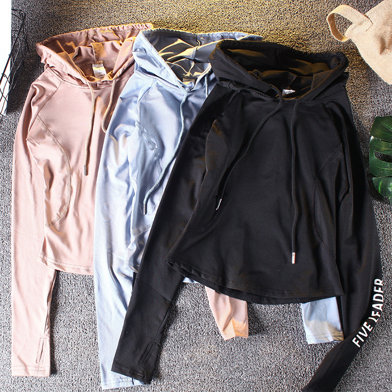 Short hooded fitness clothing women's long-sleeved sexy navel exposed tight-fitting slim quick-drying sports top running yoga jacket