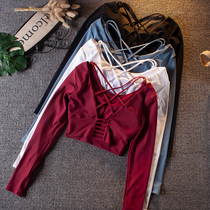 Beauty back with chest pad fitness top female autumn tight navel sexy yoga clothing running exercise fitness long sleeve quick dry