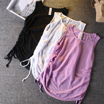 Semi-transparent drawstring wrinkled sports vest female summer mesh loose casual T-shirt breathable quick-drying fitness short sleeve yarn