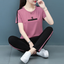 Short sleeved pure cotton sports set, women's summer casual wear, 2024 summer new fashionable mom two-piece T-shirt set