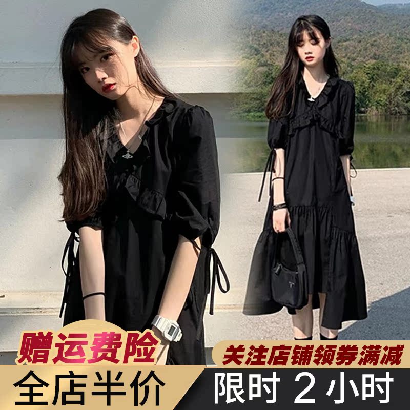 2021 summer thin new black Chiffon dress summer French thin large size women's long dress spring