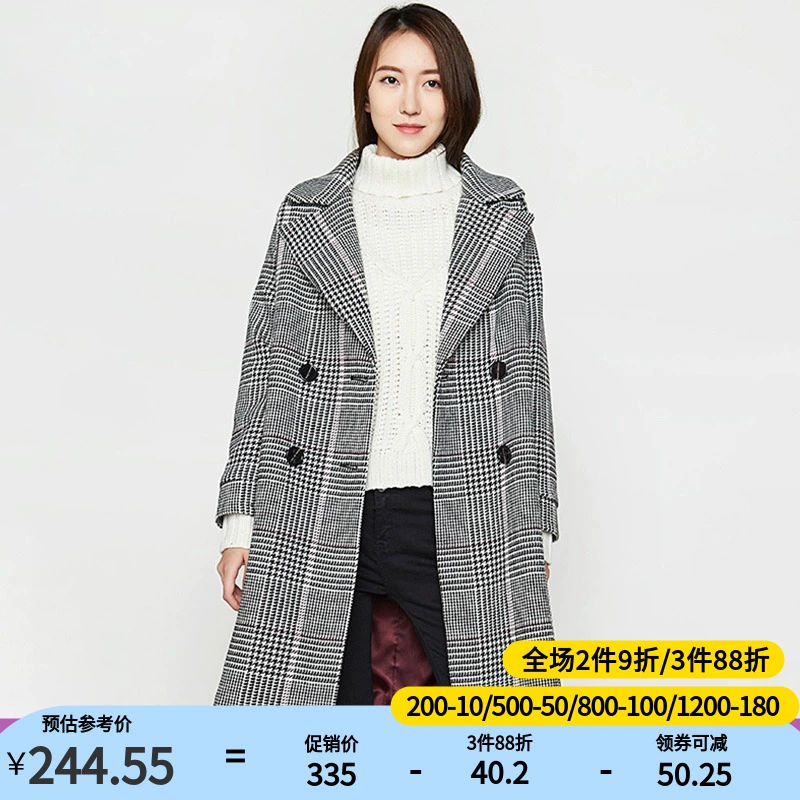 [Broken size XL] Sản phẩm mới mùa xuân và mùa thu của Iger dành cho phụ nữ len áo khoác gió kẻ sọc trung dài kết hợp tất cả áo khoác Y71 - Trench Coat