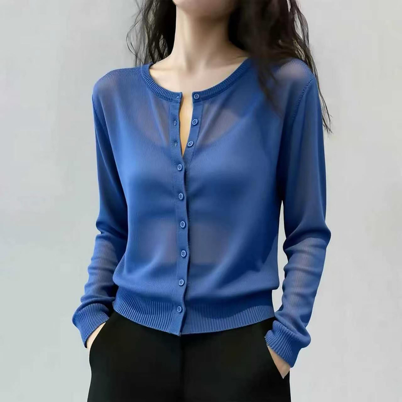 Blue Round-Neck Knitted Cardigan for Women, Long-Sleeved, Early Autumn 2026 New Style, Lazy and High-End, Stylish, Age-Reducing and Slimming Top Blue Round-Neck Knitted Cardigan for Women, Long-Sleeved, Early Autumn 2026 New Style, Lazy and High-End, Stylish, Age-Reducing and Slimming Top