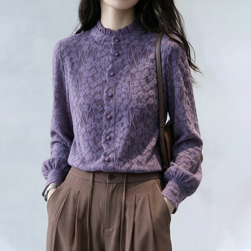 Purple Stand-Up Collar Lace Crochet Shirt for Women, Long-Sleeved, 2026 Autumn New Style, Light Luxury, High-End French Versatile Top Purple Stand-Up Collar Lace Crochet Shirt for Women, Long-Sleeved, 2026 Autumn New Style, Light Luxury, High-End French Versatile Top