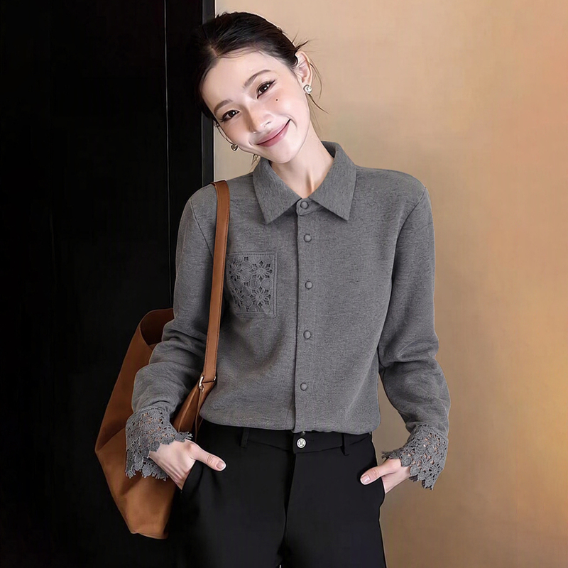 Gray Lace Shirt with a Turn-Down Collar for Women, Long-Sleeved, Early Autumn 2026 New Style, High-End, Light Luxury, Base Layer Shirt, Brushed Top