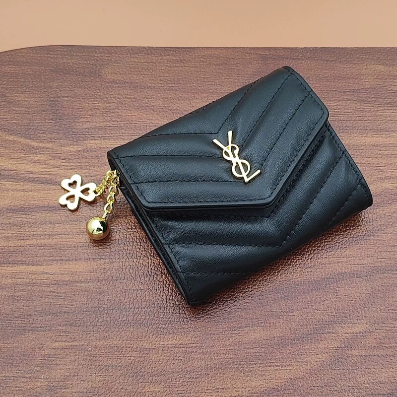 Light Luxury Genuine Leather Card Holder for Women, Black Diamond Pattern, Metal Decoration, Compact and Portable Coin Purse, High-End Feel
