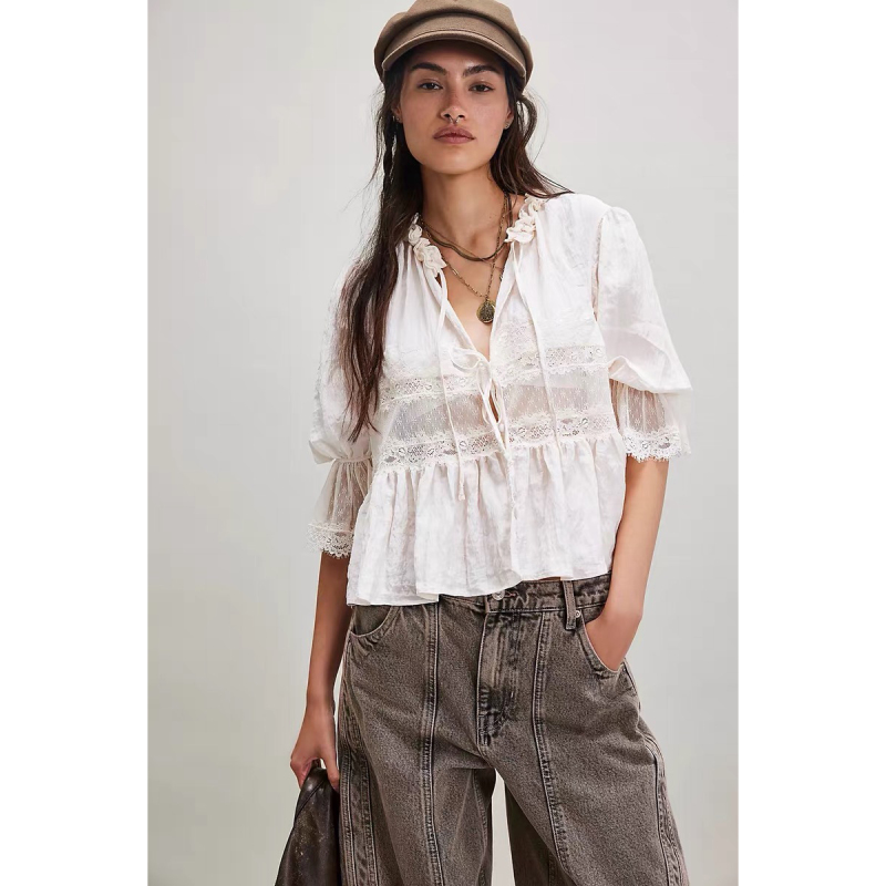 Nana's Same Style Free 26 Summer New Collection People Retro European Sweet Lace-Up Cardigan Shirt Nana's Same Style Free 26 Summer New Collection People Retro European Sweet Lace-Up Cardigan Shirt