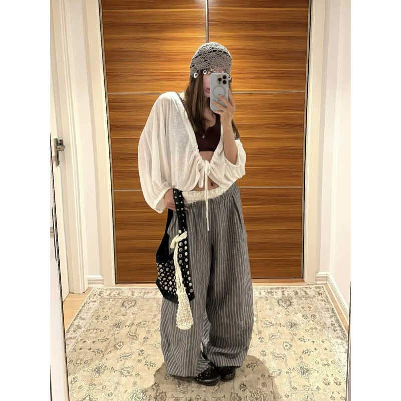 Song Zuer's Same Style 26 Early Autumn New Linen Lace-Up Pleated Drapey Lazy Cardigan Blouse for Women