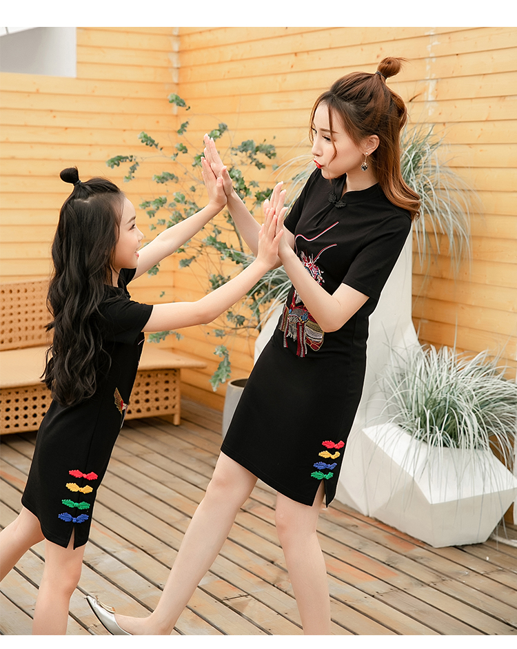 Váy dành cho phụ huynh-trẻ em sườn xám Mẹ và phụ nữ mùa thu được cải tiến kiểu váy Trung Quốc Yangqi Slim mỏng dành cho phụ huynh - Trang phục dành cho cha mẹ và con váy trẻ em hàn quốc