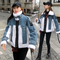 Lamb wool grain velvet fur one coat women short denim stitching contrast cotton-padded jacket fried street locomotive small