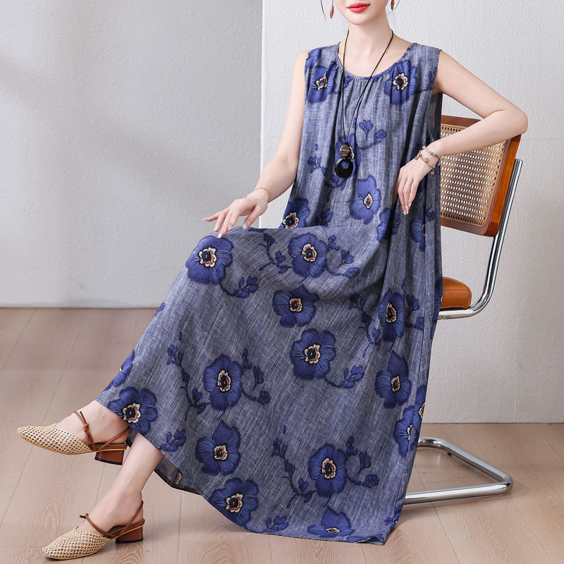 2026 New Summer Cotton Silk Dress, Fashionable Tank Dress, Mid-Length Over-The-Knee Strap Dress, Loose Plus-Size Long Dress