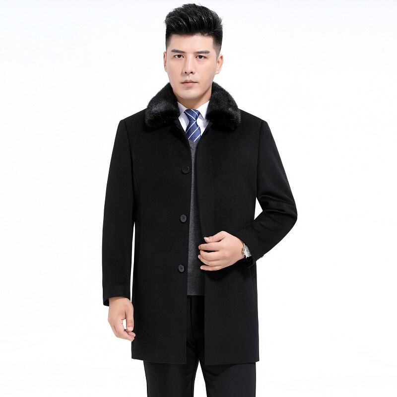 High-End Men's Wool Coat with Mink Fur Collar and Rabbit Fur Lining, Casual Thickened Warm Outerwear for Middle-Aged Dads