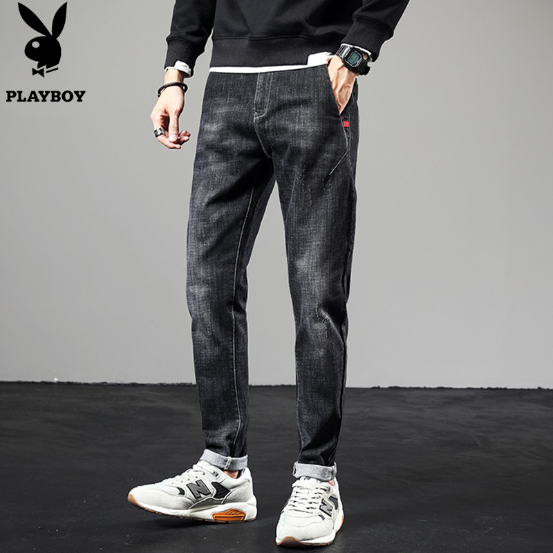 Playboy Jeans Men's Korean Fashion Slim Fit Pipe Pants Stretch Youth Black Pants Men's Autumn Pants