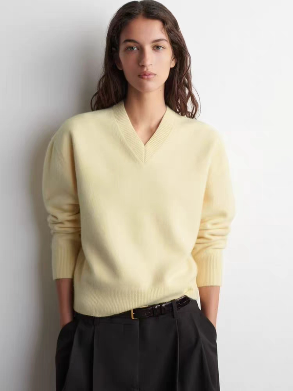 Original Women's Clothing Standard Fit V-Neck Sweater Cream Yellow Knitwear 2025 Winter New Product 1318632001