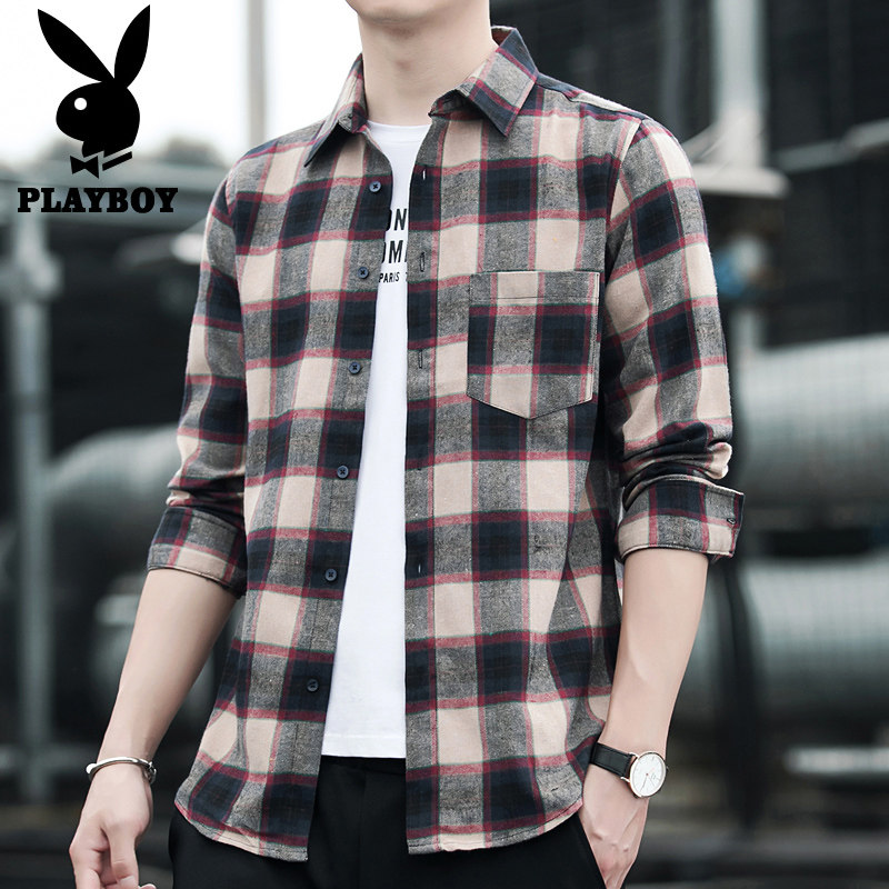 Playboy black and white plaid shirt Men's long-sleeved shirt Korean version of the trend casual wild ins loose jacket
