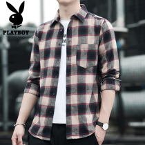 Playboy black and white plaid shirt Mens long-sleeved shirt Korean version of the trend casual wild ins loose jacket