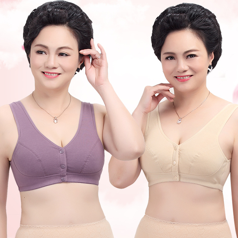 Middle-aged large-size underwear women's non-rim thin vest pure cotton bra front buckle elderly universal mother bra