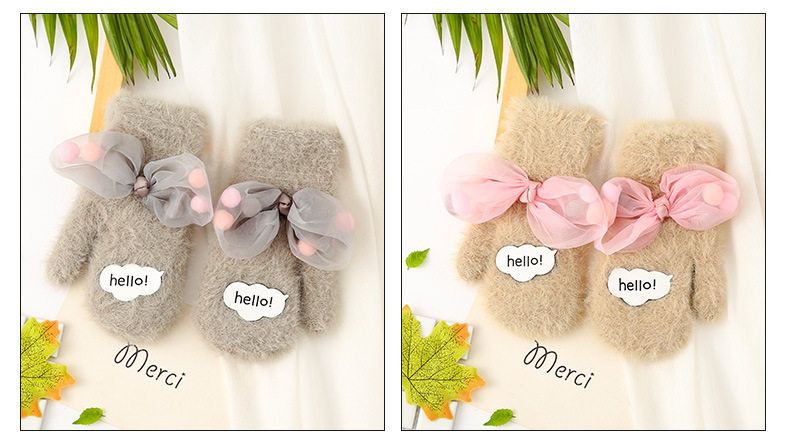 Детские перчатки, удерживающий тепло утепленный демисезонный детский милый комплект с бантиком 