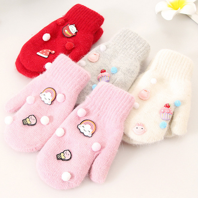 Winter Toddler Girl Child Elementary School Kids Warm Girl Kids Cartoon Cute Plus Suede Thickened Teenage Girl Gloves