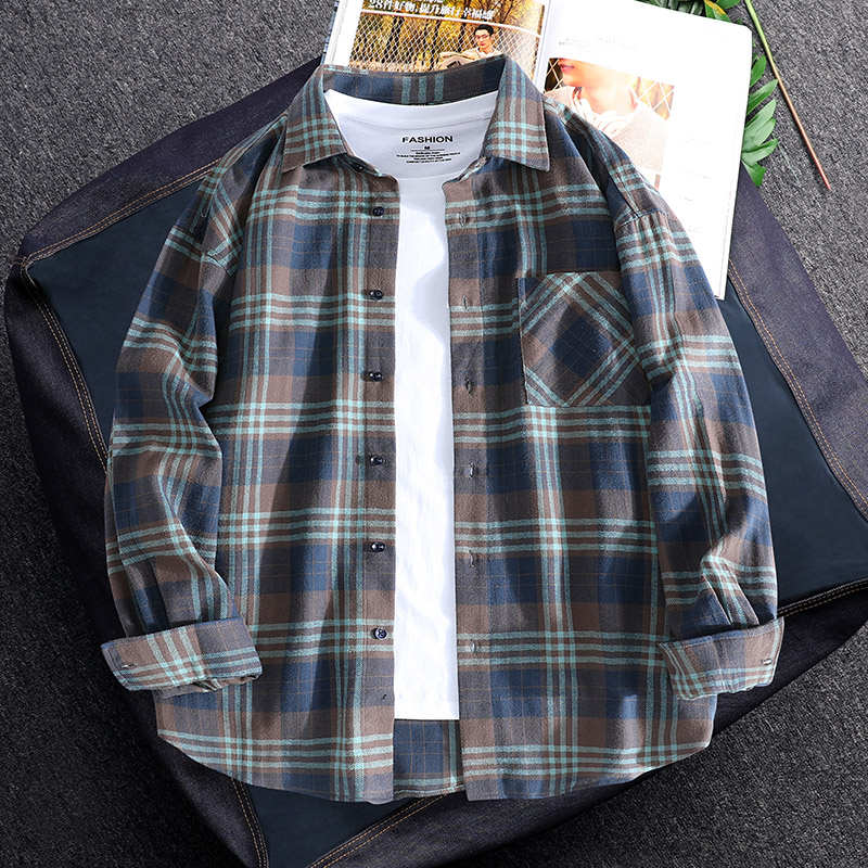 Autumn plaid shirt men's long-sleeved Korean style trendy loose cotton bottoming shirt handsome casual all-match coat inch