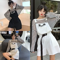 Kích thước lớn của phụ nữ chất béo mm sọc áo thun chống nắng hàng đầu quần áo áo blouse + dây đeo lão hóa quần phù hợp với thủy triều - Bộ đồ đầm ngủ nữ