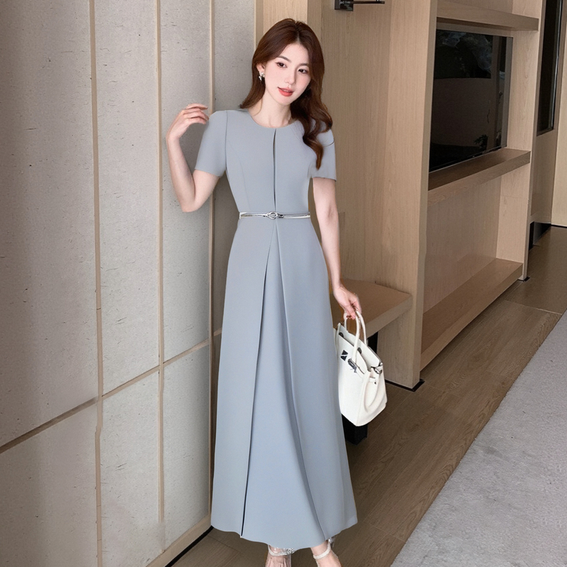 Mingai Feng Light Luxury Evening Dress 2026 Summer New Short-Sleeved Waist-Cinching Slimming High-Waisted Dress D1558A