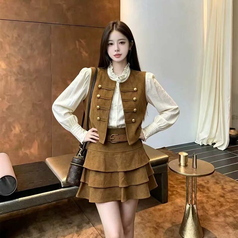 【Three-Piece Set】【Lined with Belt】2026 Autumn Fashion Slimming Elegant Dress Set D10706