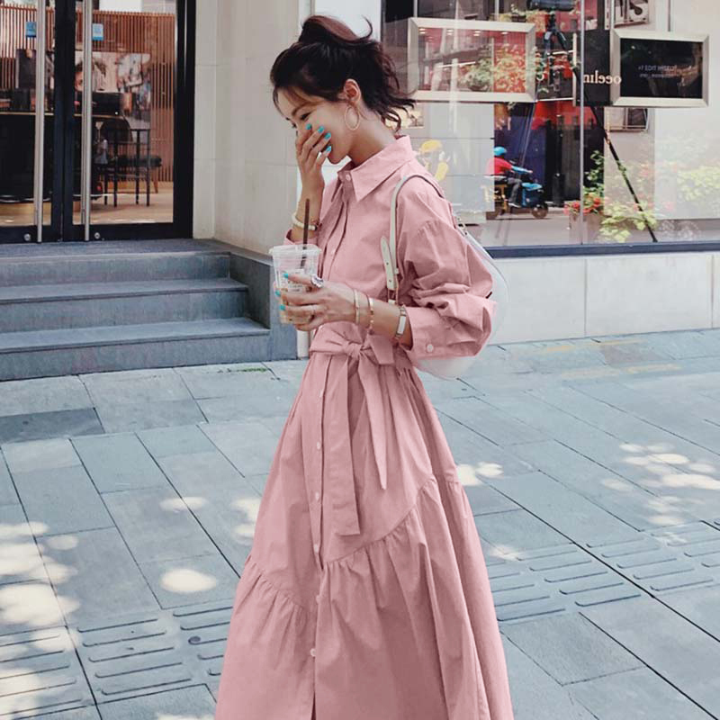 Free Belt Pink Long-Sleeved Dress for Women Spring and Autumn 2026 New French Style Waist-Cinching Tea Break A-Line Dress D3313