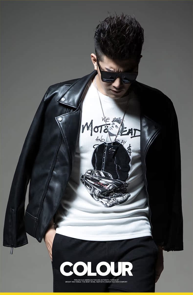 SXF Saint Shifan da nam 2018 mới Quần áo đầu máy Lapel Slim in áo khoác da PU áo khoác nam thủy triều áo khoác bomber