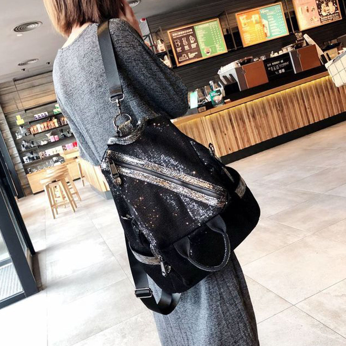 New sequin double shoulder Shoulder Bag Double Shoulder Inclined Cross Woman Bag Han Edition College Student Bag Big Capacity Travel Double Shoulder Bag