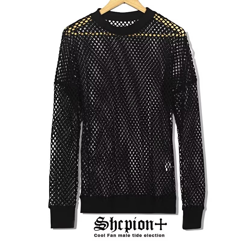 Idol Trainee Cai Xukun's Same Style Long-Sleeved Shirt, Unique Unisex Cover-Up, Hollow-Out See-Through Fishnet T-Shirt, Trendy