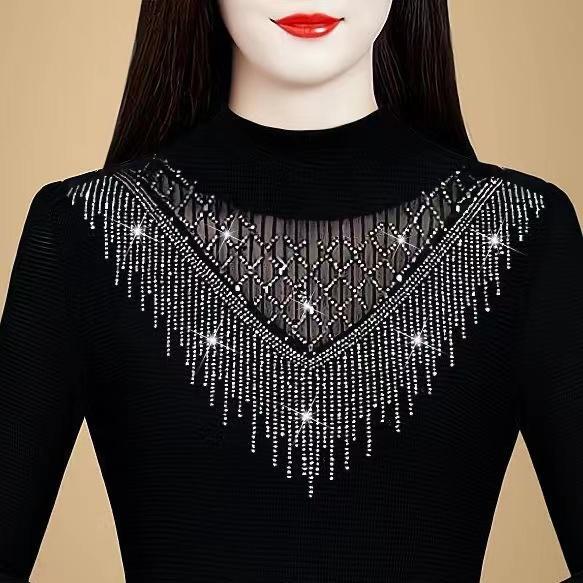Spring and Autumn Fashionable Base Shirt for Women, High-End, Stylish, New Lace Design, Slimming, Warm, Shiny Top for Mothers