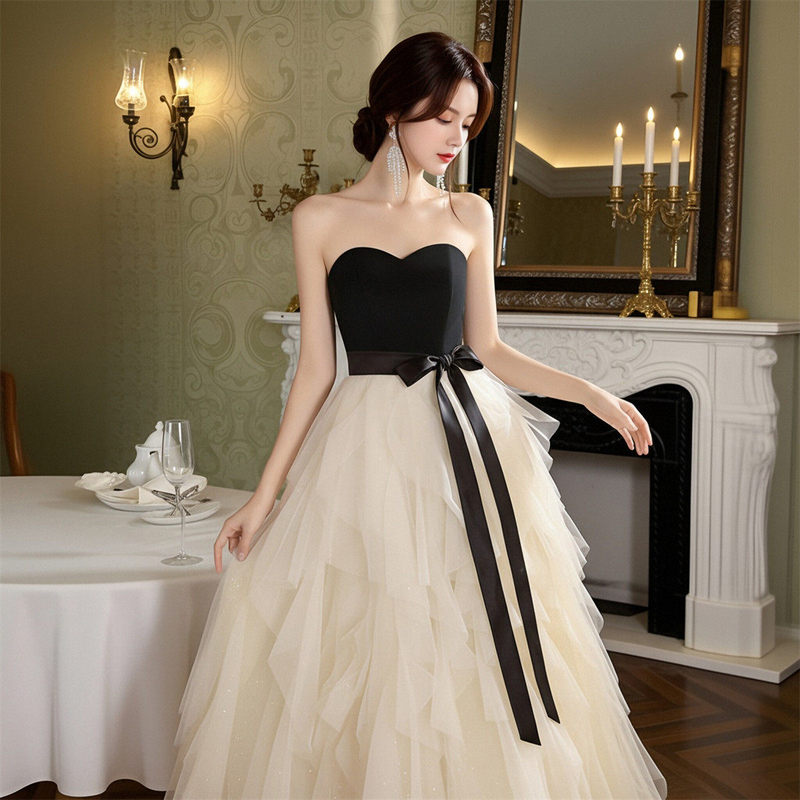 Elegant Socialite Style Sleeveless Strapless Mesh Color-Block Dress for Coming-Of-Age Ceremony, Birthday Party, High-End Cocktail Dress