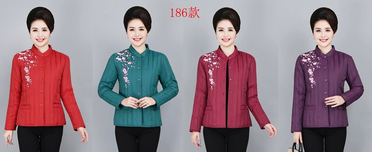 Áo khoác cotton nữ trung niên và cổ điển, bộ đồ Tang nữ in retro lót bông xuống áo lót đệm dày cho mẹ