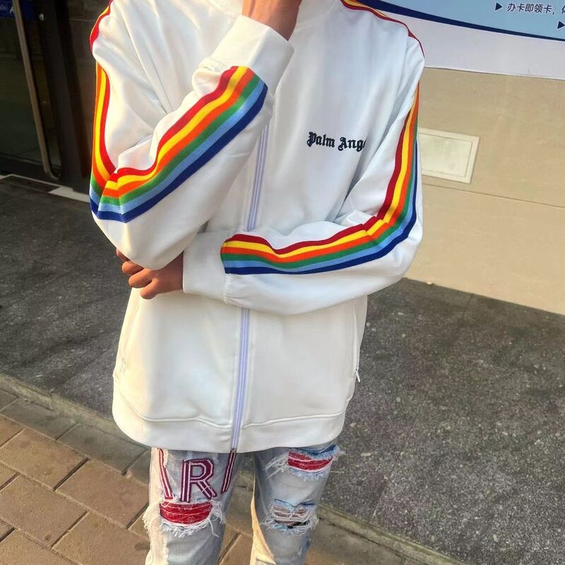 Trendy Brand Student Fashion Autumn 2025 Same Style Angel Jacket Rainbow Stripe Unisex Sweatshirt Stand Collar Sports Jacket