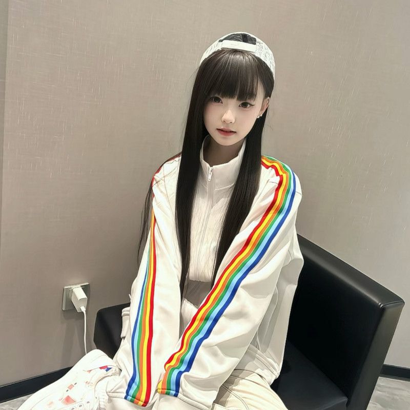 Trendy Brand Student Fashion Spring and Autumn 2025 Same Style Angel Jacket Rainbow Stripe Unisex Sweatshirt Stand Collar Sports Jacket