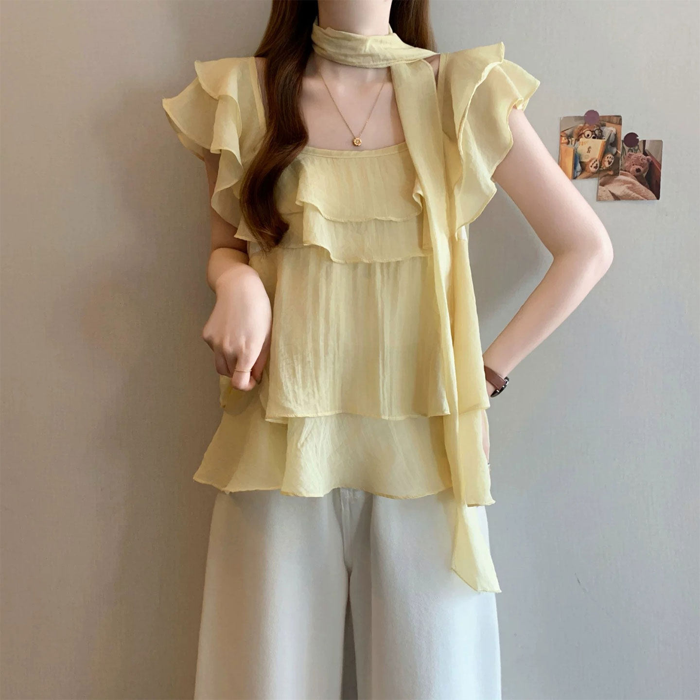 小飞袖荷叶边方领雪纺衫女2026夏季大码胖mm漂亮小衫飘带挂脖上衣