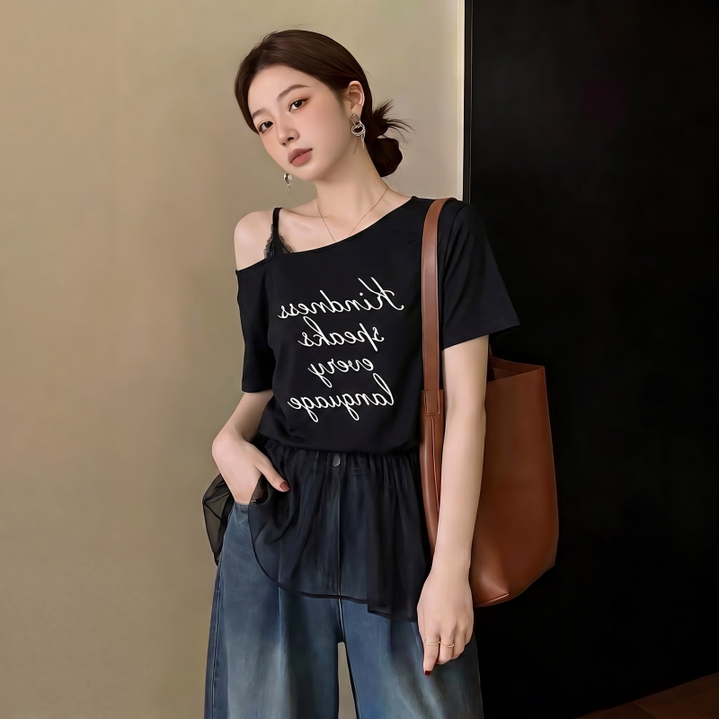 假两件屁帘下摆露肩短袖T恤女2026夏季大码胖mm中长款巨显瘦上衣