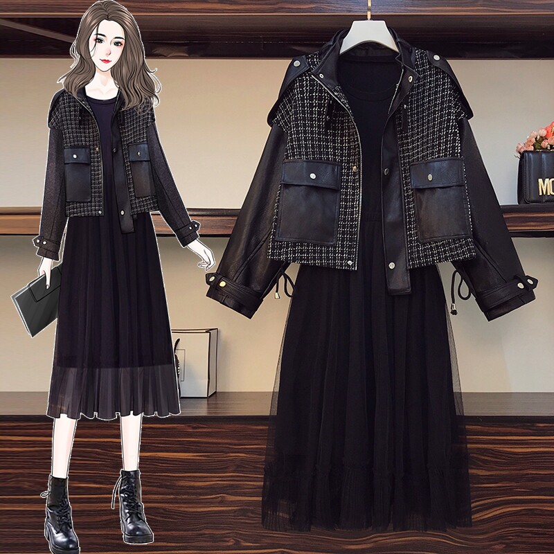 2022 Spring new large size women's clothing Fat sister Temperament Slim-skinny Machia jacket Two-style dress