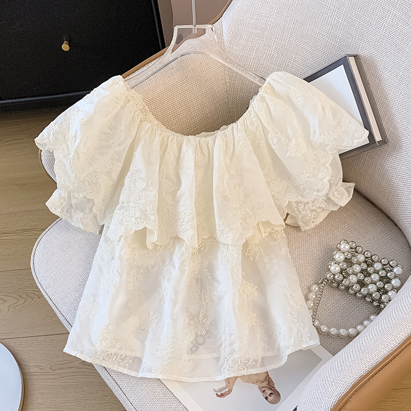 Plus-Size Women's French-Style Ruffled Shirt with Heavy Embroidery, Summer Off-Shoulder Sexy Lace Chiffon Blouse