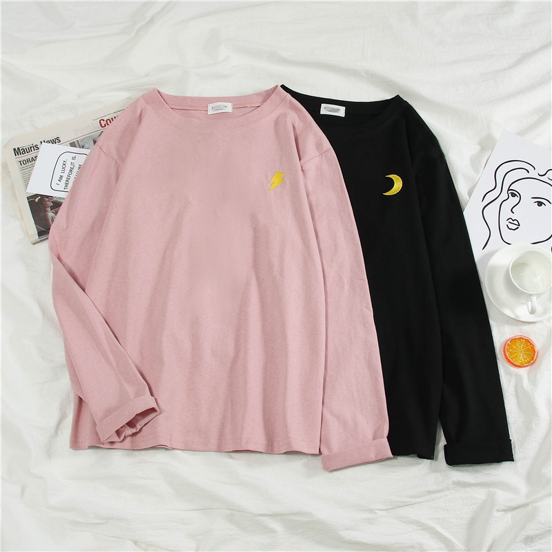 VK旗艦店 韓系寬鬆圖案刺繡防曬衫百搭T恤套頭長袖上衣