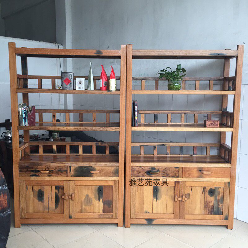 Old ship wooden bookshelf locker floor display rack antique living room log rack solid wood display cabinet