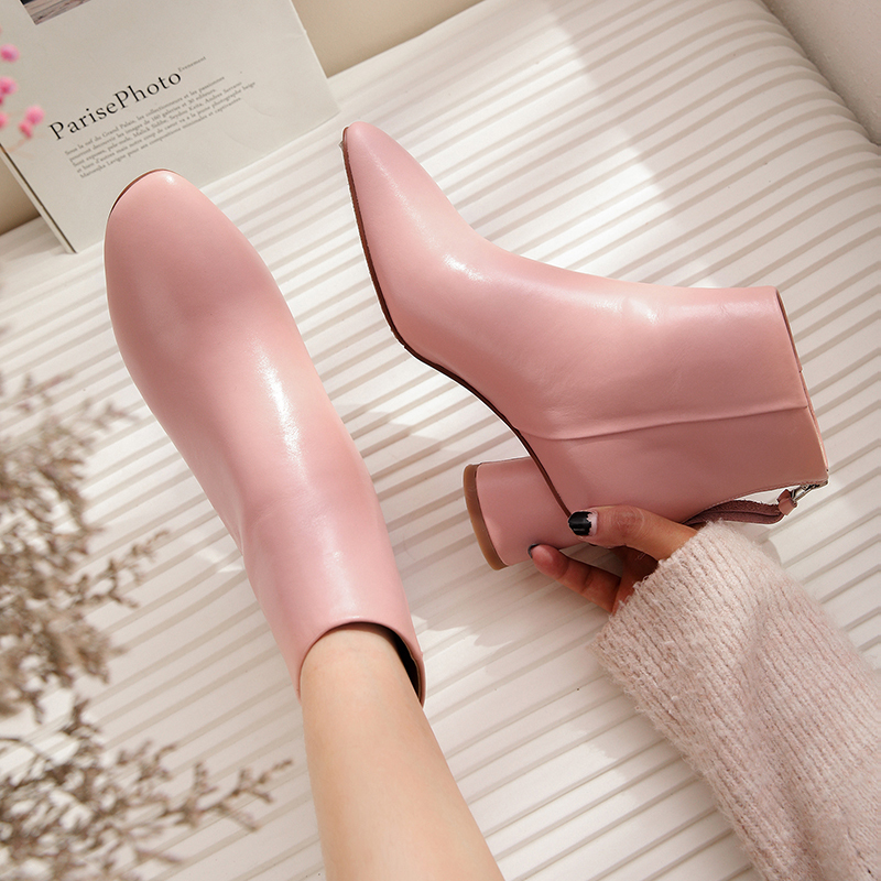 Pink Short Boots for Women, Spring and Autumn Single Boots, Square Toe, Medium Heel, Chunky Heel, Versatile Off-White Martin Boots, Early Autumn Fashion