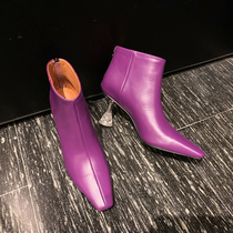 Purple boots womens autumn and winter 2019 new high-heeled Martin boots womens spring and autumn single boots square head crystal heel fine heel white