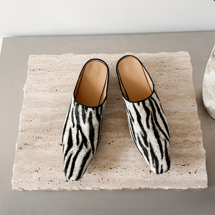 European and American Style Horsehair Leopard Print Closed-Toe Slippers for Women, Chunky Heel Slip-On Lazy Half-Slippers, Mules, Trendy