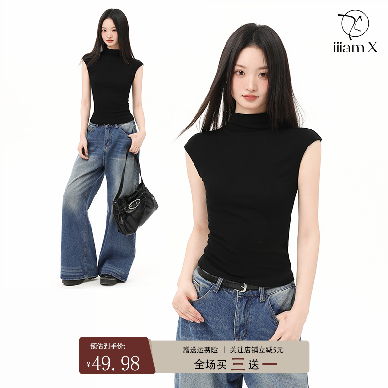 Iiiamx Black Half-High Collar Flutter Sleeve T-Shirt for Women, Summer Slim Fit Sleeveless Regular Shoulder Top, 2025 New Model Iiiamx Black Half-High Collar Flutter Sleeve T-Shirt for Women, Summer Slim Fit Sleeveless Regular Shoulder Top, 2025 New Model