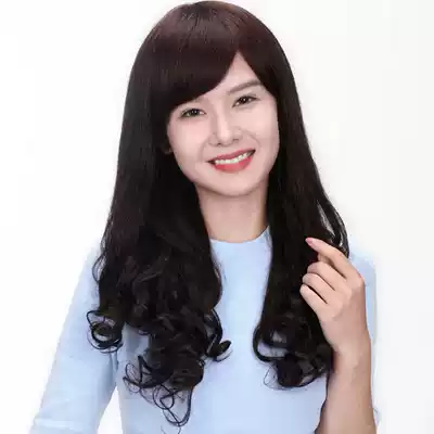 Wig female long curly hair fluffy natural curly hair round face oblique bangs long curly hair real hair silk full head cover