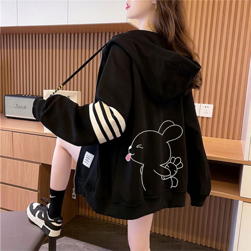Lazy Style Retro Pure Cotton Hooded Cardigan Jacket for Women Spring & Fall Thin Korean Style Large Size Fat mm Cardigan Casual Sweatshirt