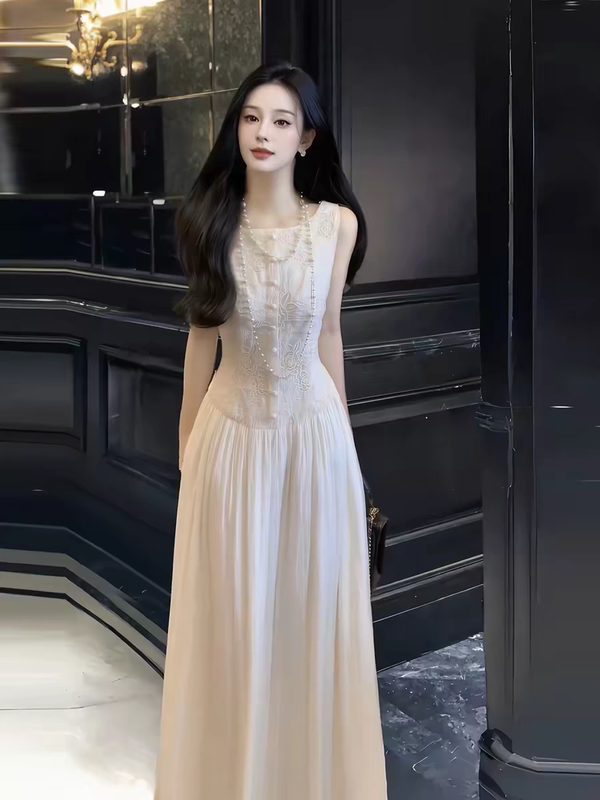 French-Style Elegant Heavy-Duty Embroidered Sleeveless Vest Dress for Women, Summer High-End Unique and Beautiful Waist-Cinching Long Dress French-Style Elegant Heavy-Duty Embroidered Sleeveless Vest Dress for Women, Summer High-End Unique and Beautiful Waist-Cinching Long Dress