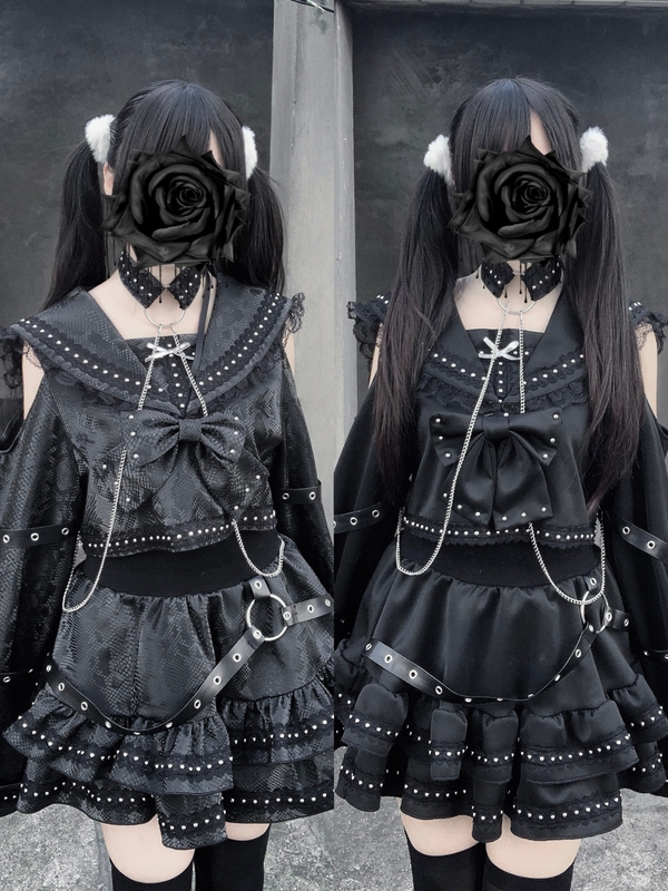 【Snake Devour】Original Design Subculture Gothic Outfit Set Snake Pattern Handsome Pu Leather Sailor Collar Rivets Two-Dimensional Style